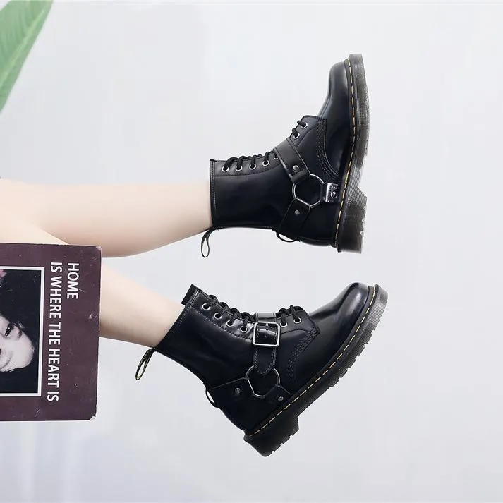 PEOPLETERRITORY Aberdeen  Buckle 1460 Tooling Boots Women's Buckle Short Boots Men's and Women's Leather Boots Round Head Trend Locomotive Shoes