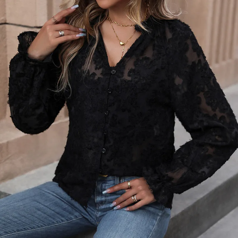 PEOPLETERRITORY   lace splicing long-sleeved V-neck shirt New autumn popular women's shirt spot