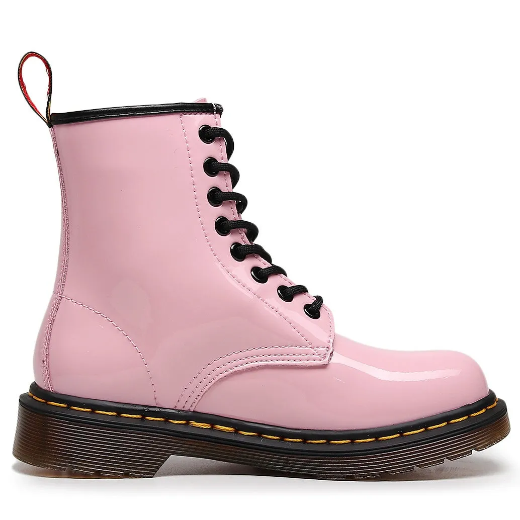 PEOPLETERRITORY mirror 1460 tooling boots women's patent leather British style pink short boots men's and women's leather boots round head locomotive shoes