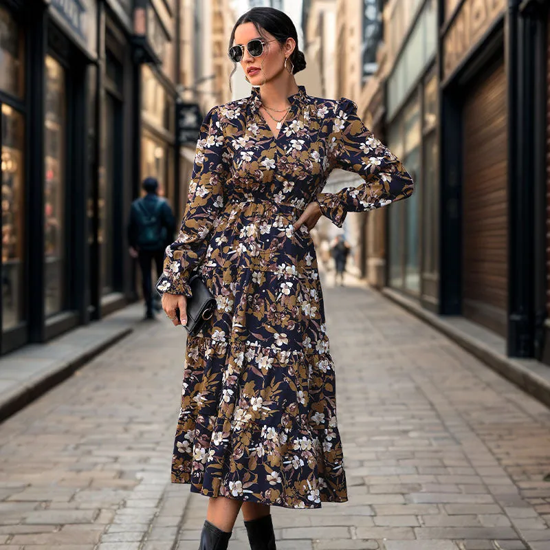 PEOPLETERRITORY   New autumn floral temperament commuter dress retro printed women's dress V-neck fashion dress
