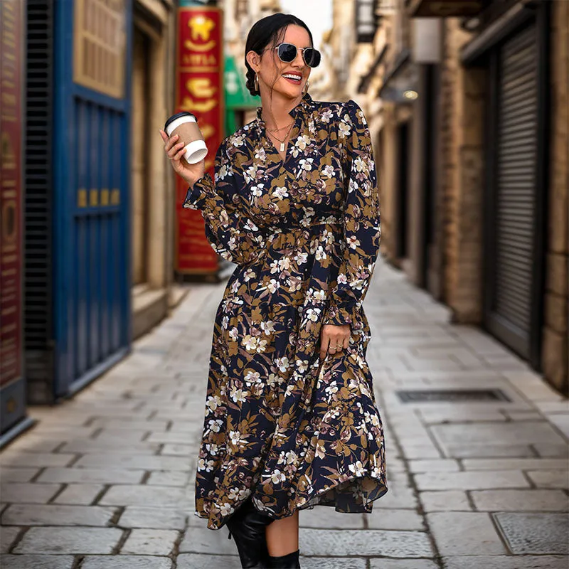 PEOPLETERRITORY   New autumn floral temperament commuter dress retro printed women's dress V-neck fashion dress