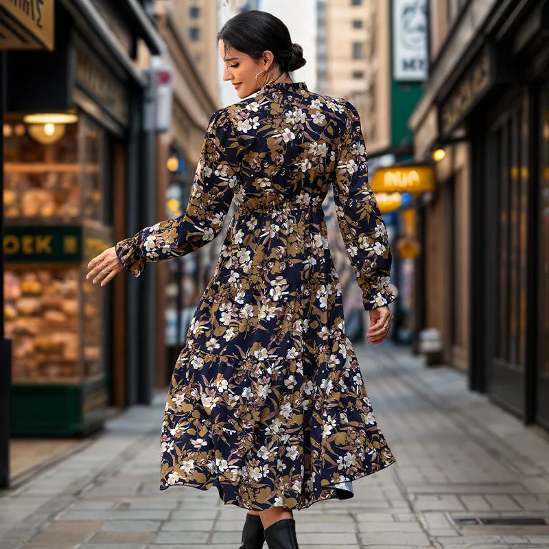 PEOPLETERRITORY   New autumn floral temperament commuter dress retro printed women's dress V-neck fashion dress