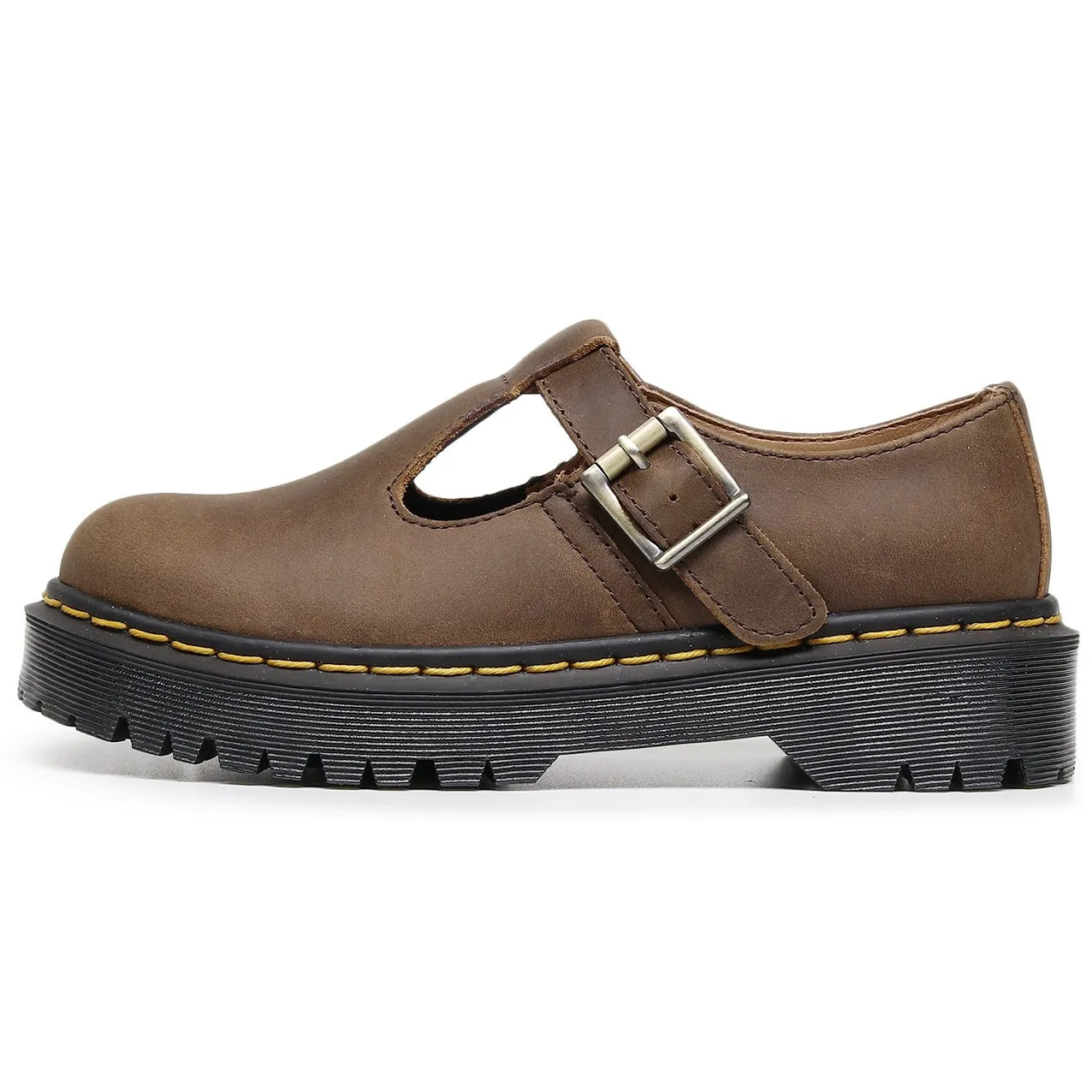 PEOPLETERRITORY T-band Mary Jane shoes, genuine leather low-top, small leather shoes, women's fashion, student leisure Crazy Horse brown medium and thick soles