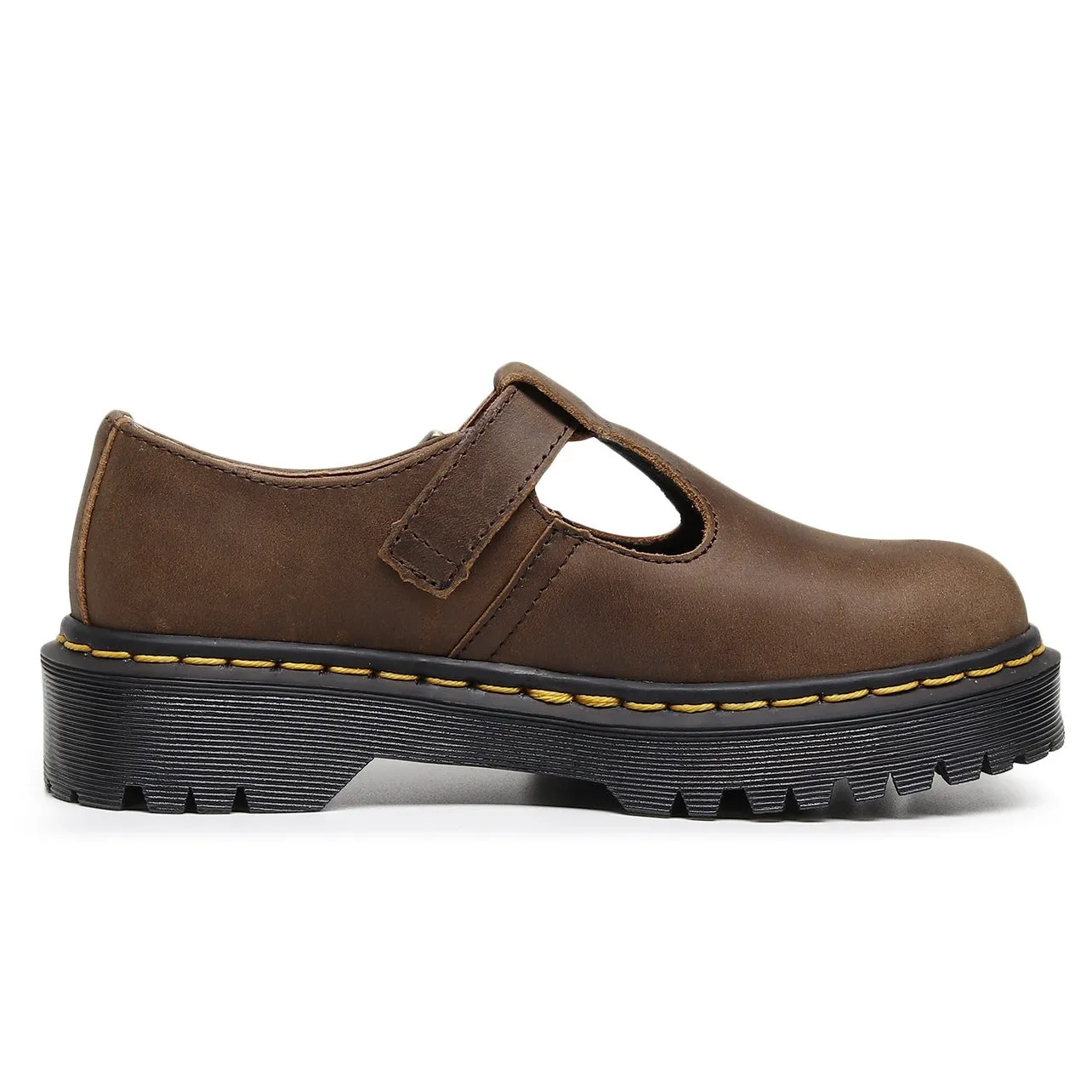 PEOPLETERRITORY T-band Mary Jane shoes, genuine leather low-top, small leather shoes, women's fashion, student leisure Crazy Horse brown medium and thick soles