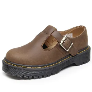 PEOPLETERRITORY T-band Mary Jane shoes, genuine leather low-top, small leather shoes, women's fashion, student leisure Crazy Horse brown medium and thick soles