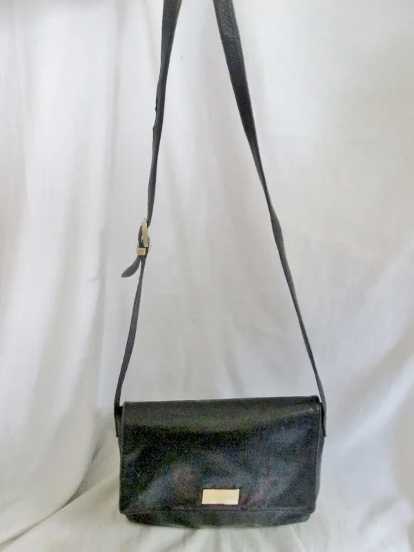PERLINA NEW YORK Leather Shoulder Bag Handbag Satchel Flap Bag BLACK Crossbody