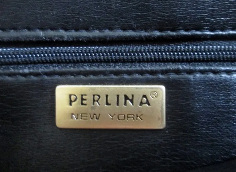 PERLINA NEW YORK Leather Shoulder Bag Handbag Satchel Flap Bag BLACK Crossbody