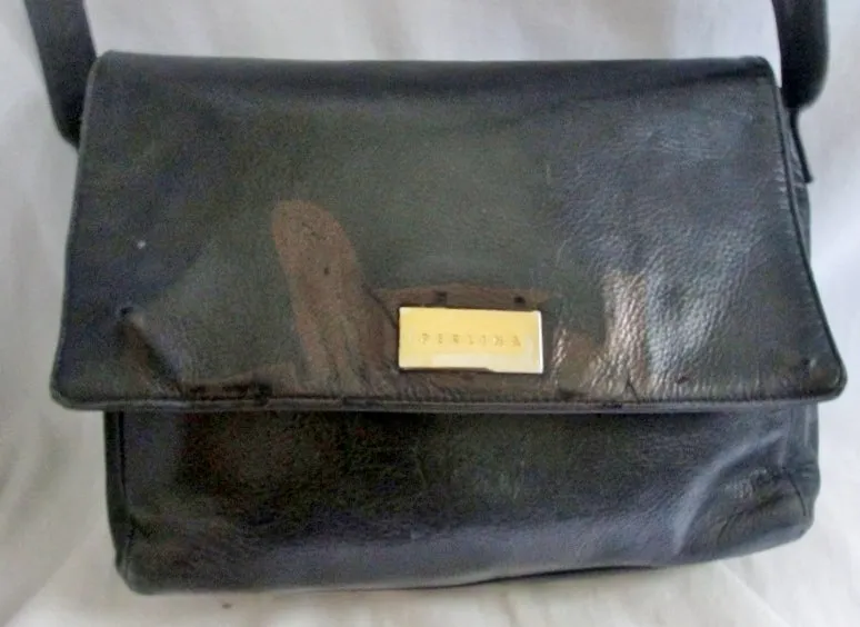 PERLINA NEW YORK Leather Shoulder Bag Handbag Satchel Flap Bag BLACK Crossbody