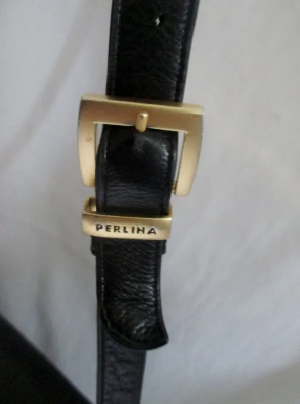 PERLINA NEW YORK Leather Shoulder Bag Handbag Satchel Flap Bag BLACK Crossbody