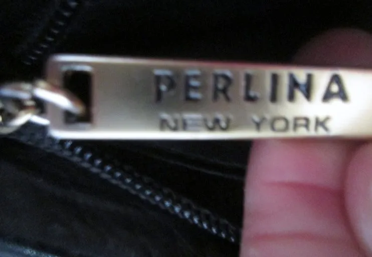 PERLINA NEW YORK Leather Shoulder Bag Handbag Satchel Flap Bag BLACK Crossbody
