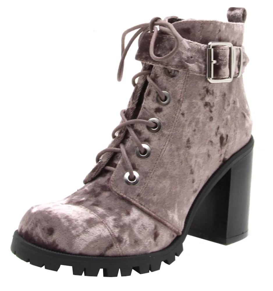 Qupid Women's Lace-Up Ankle Strappy Buckle Chunky Stacked Heel Ankle Bootie