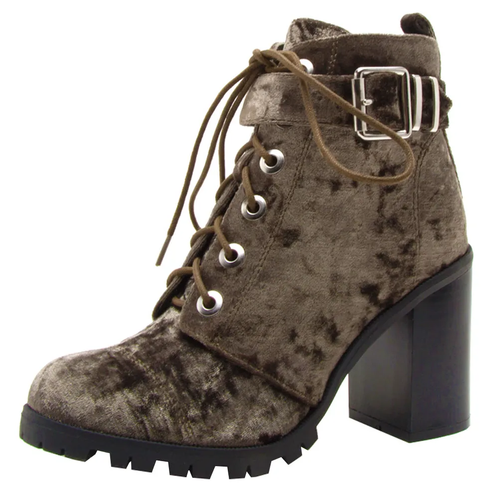 Qupid Women's Lace-Up Ankle Strappy Buckle Chunky Stacked Heel Ankle Bootie