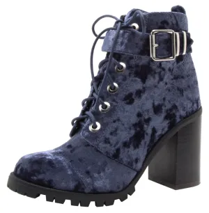 Qupid Women's Lace-Up Ankle Strappy Buckle Chunky Stacked Heel Ankle Bootie