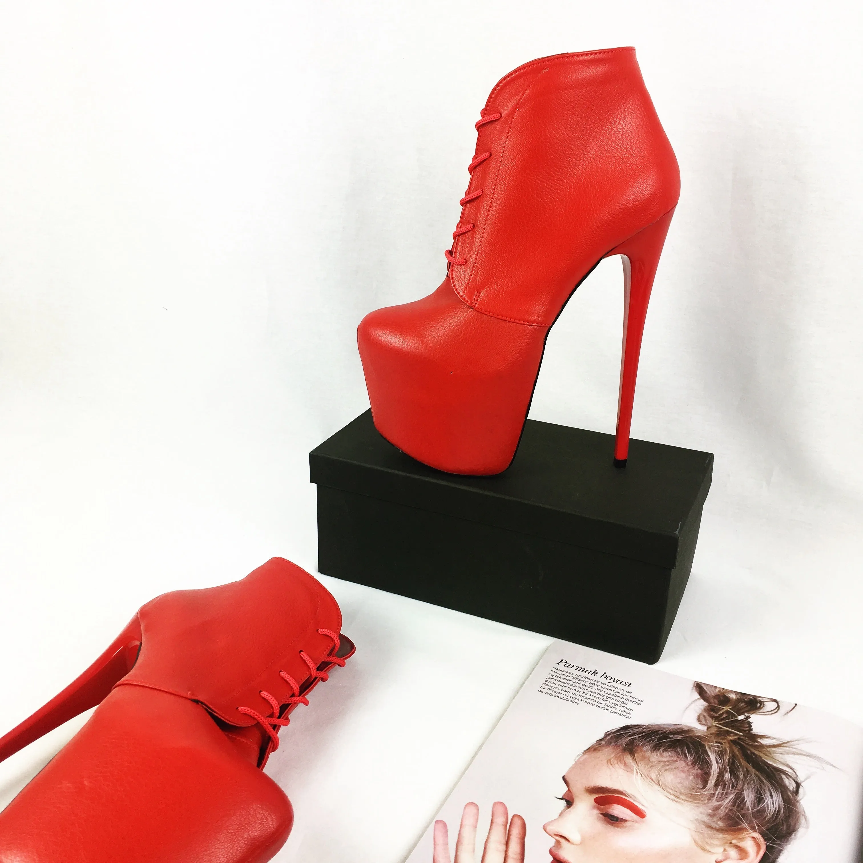 Red Lace Up High Platform Booties