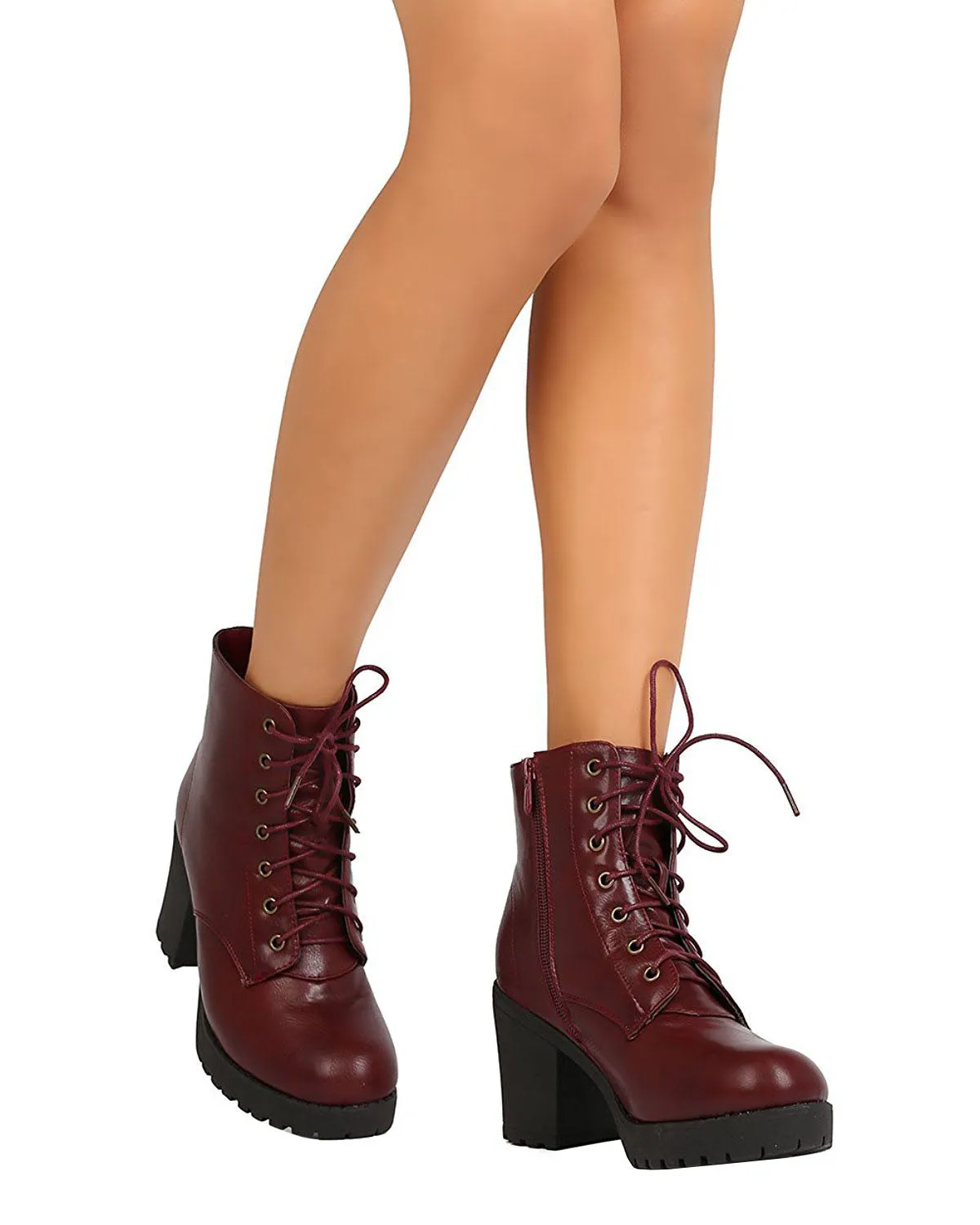 Refresh Footwear Women's Lace-Up Combat Chunky Stacked Heel Ankle Bootie