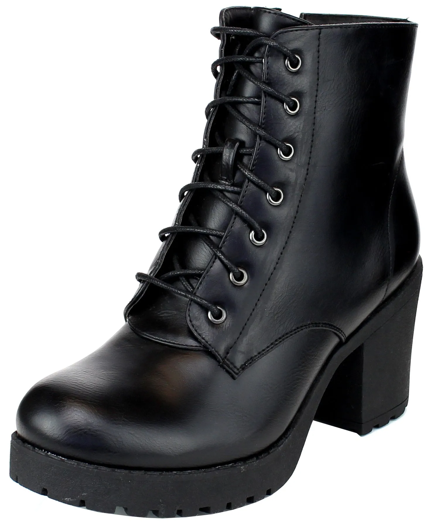 Refresh Footwear Women's Lace-Up Combat Chunky Stacked Heel Ankle Bootie