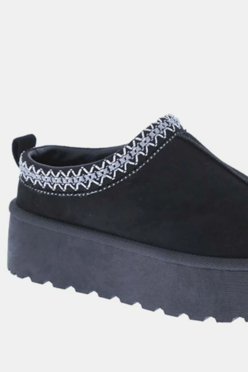 Shorty Platform Embroidered Trim Slip-On Boots in Black