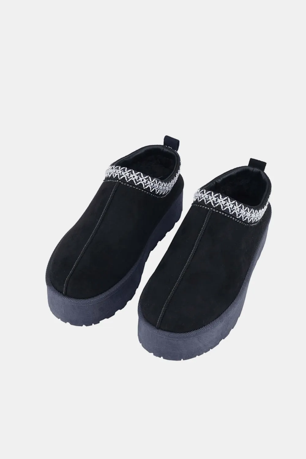 Shorty Platform Embroidered Trim Slip-On Boots in Black