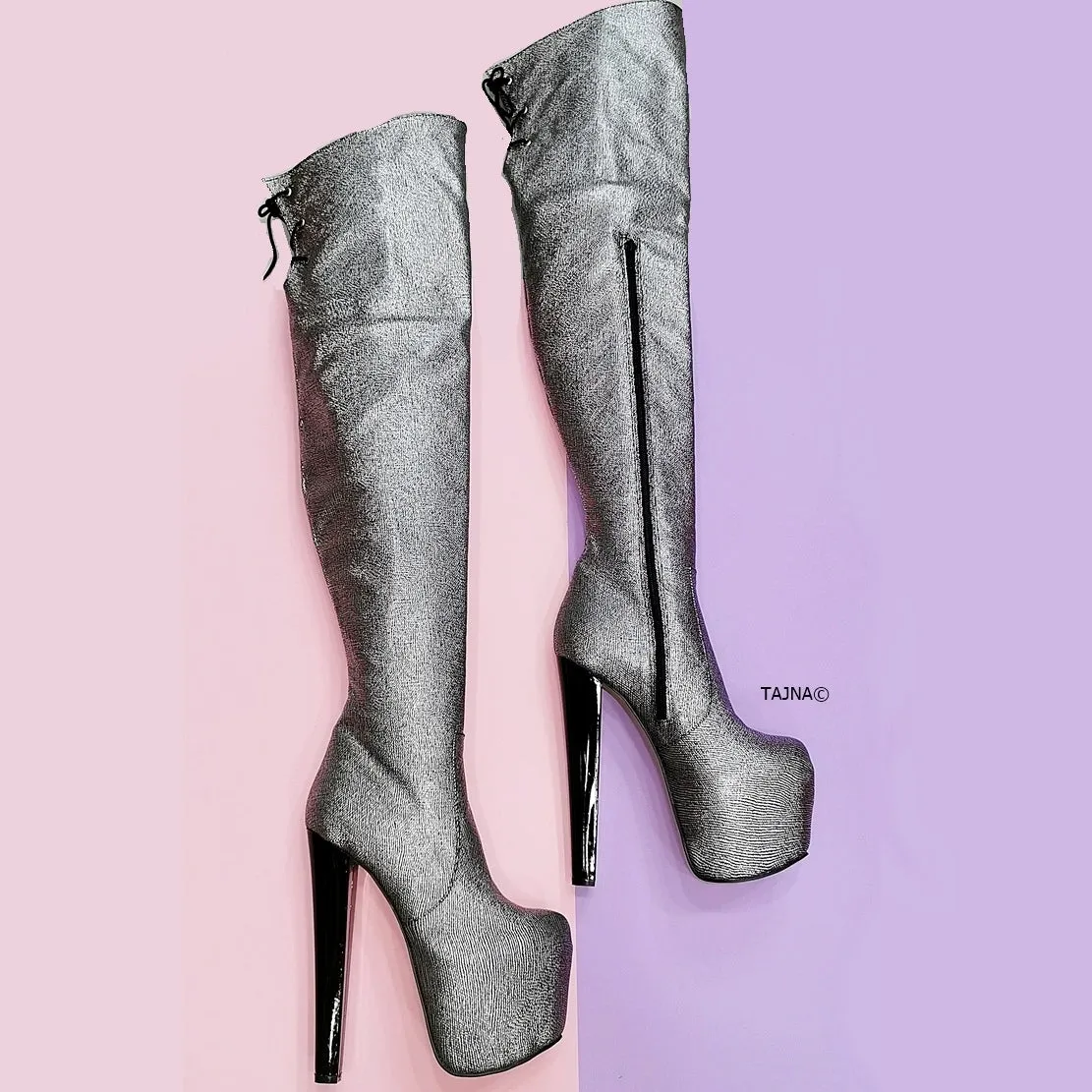 Silver Metallic Gray Knee High Boots