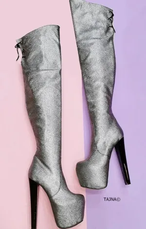Silver Metallic Gray Knee High Boots
