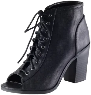 Soda Women's Joanna Stacked Chunky Heel Lace Up Front Peep Toe Bootie