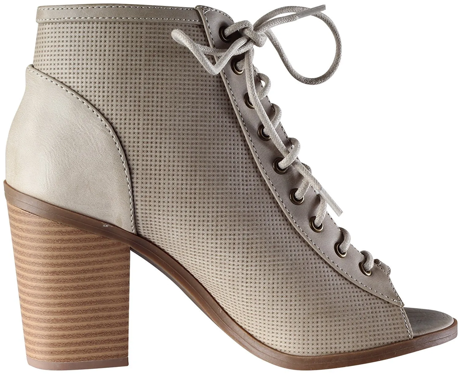 Soda Women's Joanna Stacked Chunky Heel Lace Up Front Peep Toe Bootie