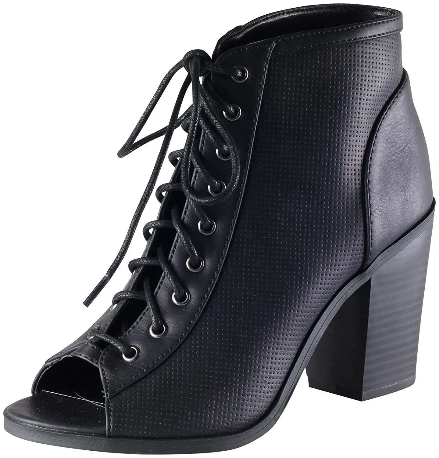 Soda Women's Joanna Stacked Chunky Heel Lace Up Front Peep Toe Bootie