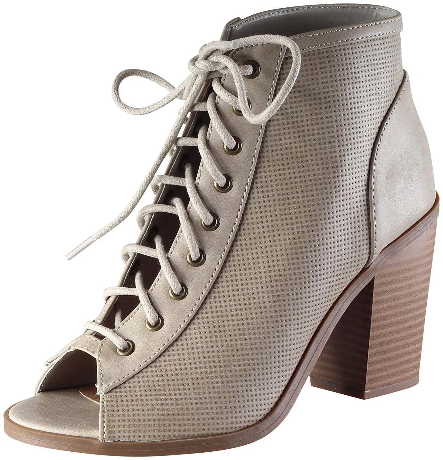 Soda Women's Joanna Stacked Chunky Heel Lace Up Front Peep Toe Bootie