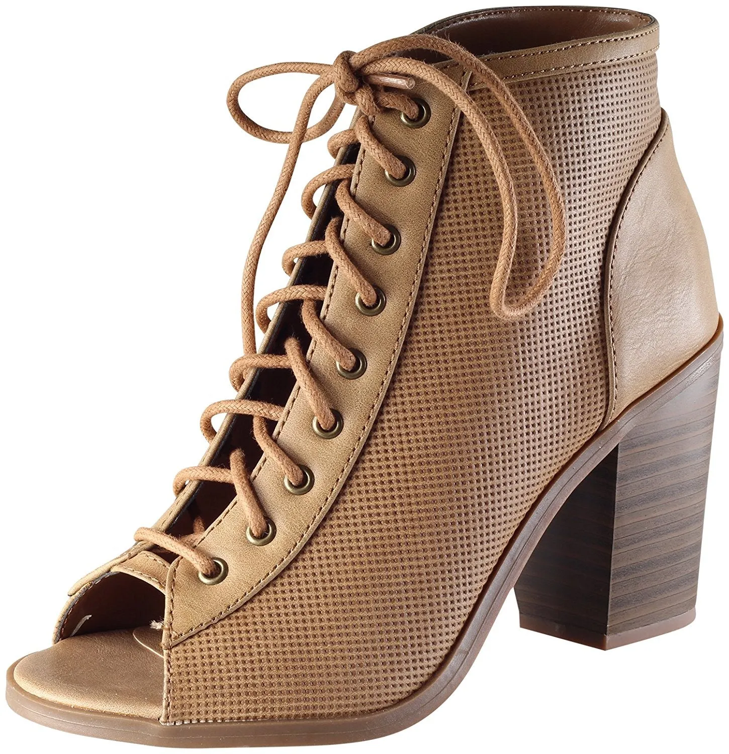 Soda Women's Joanna Stacked Chunky Heel Lace Up Front Peep Toe Bootie