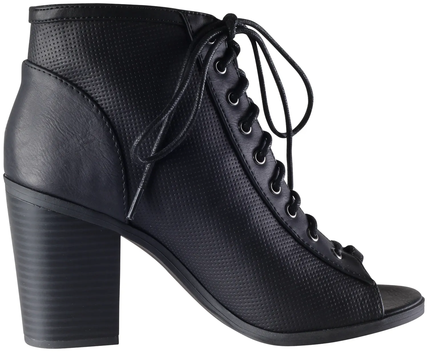 Soda Women's Joanna Stacked Chunky Heel Lace Up Front Peep Toe Bootie