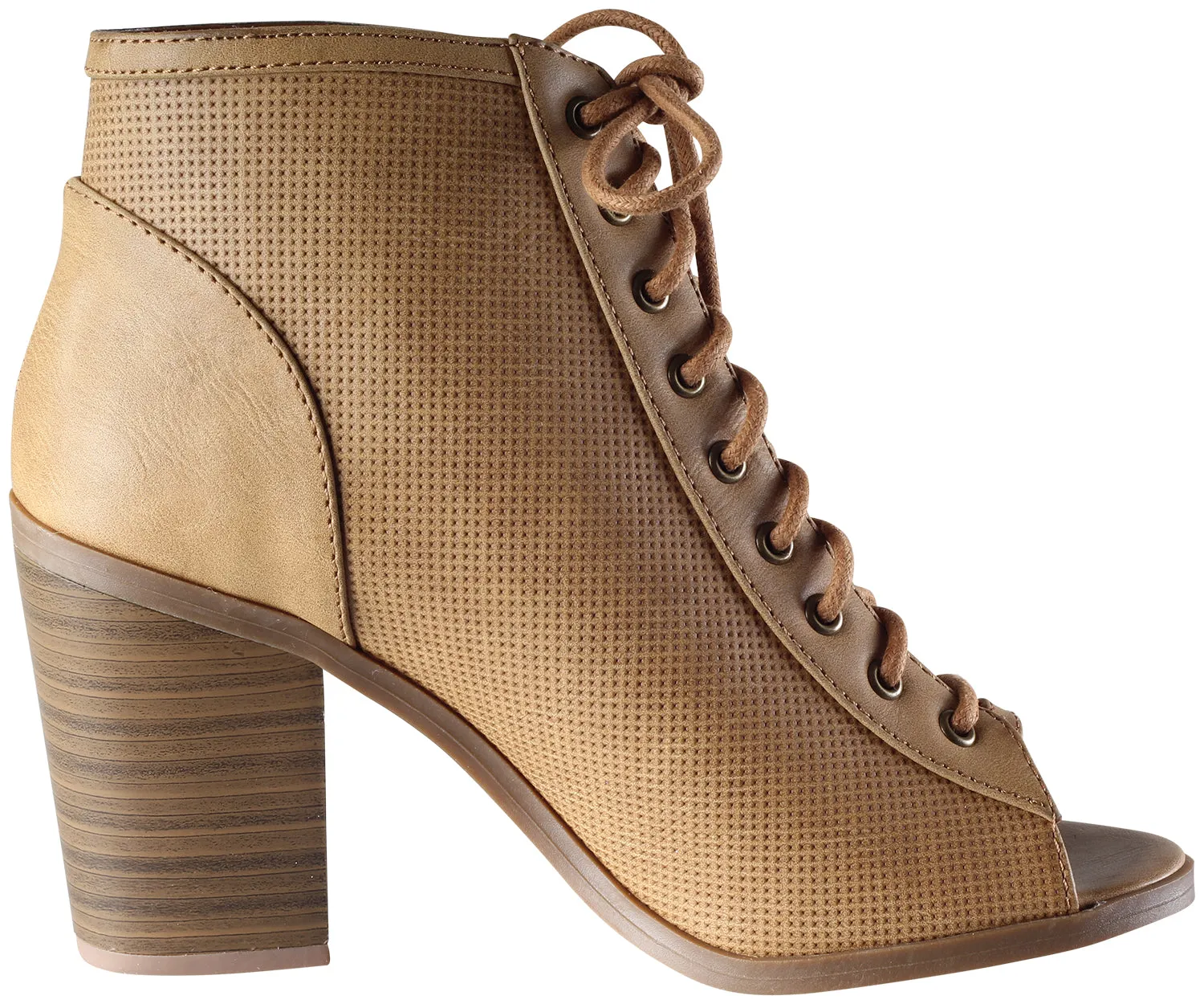 Soda Women's Joanna Stacked Chunky Heel Lace Up Front Peep Toe Bootie
