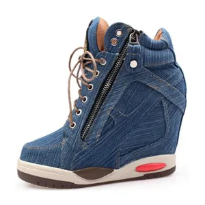 Sohiwoo New Women's Denim Wedges High Top Sneakers Platform Casual Fashion Woman Zipper Vulcanized Shoes Thick Bottom Plus Size 41