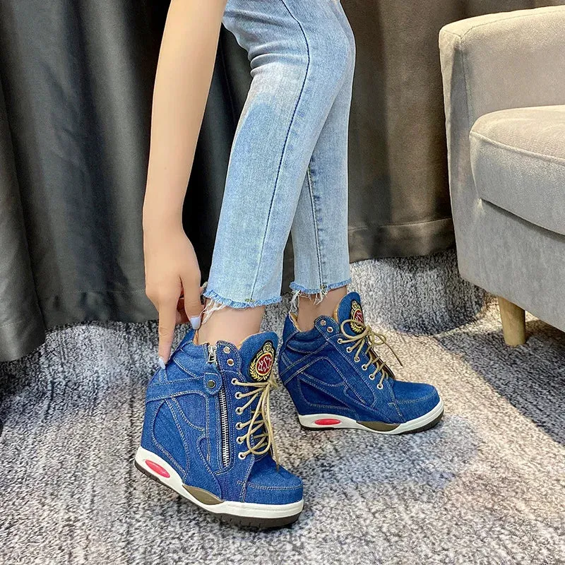 Sohiwoo New Women's Denim Wedges High Top Sneakers Platform Casual Fashion Woman Zipper Vulcanized Shoes Thick Bottom Plus Size 41