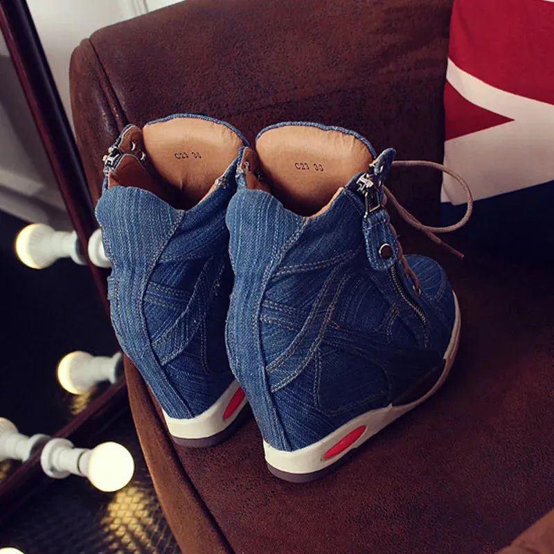 Sohiwoo New Women's Denim Wedges High Top Sneakers Platform Casual Fashion Woman Zipper Vulcanized Shoes Thick Bottom Plus Size 41