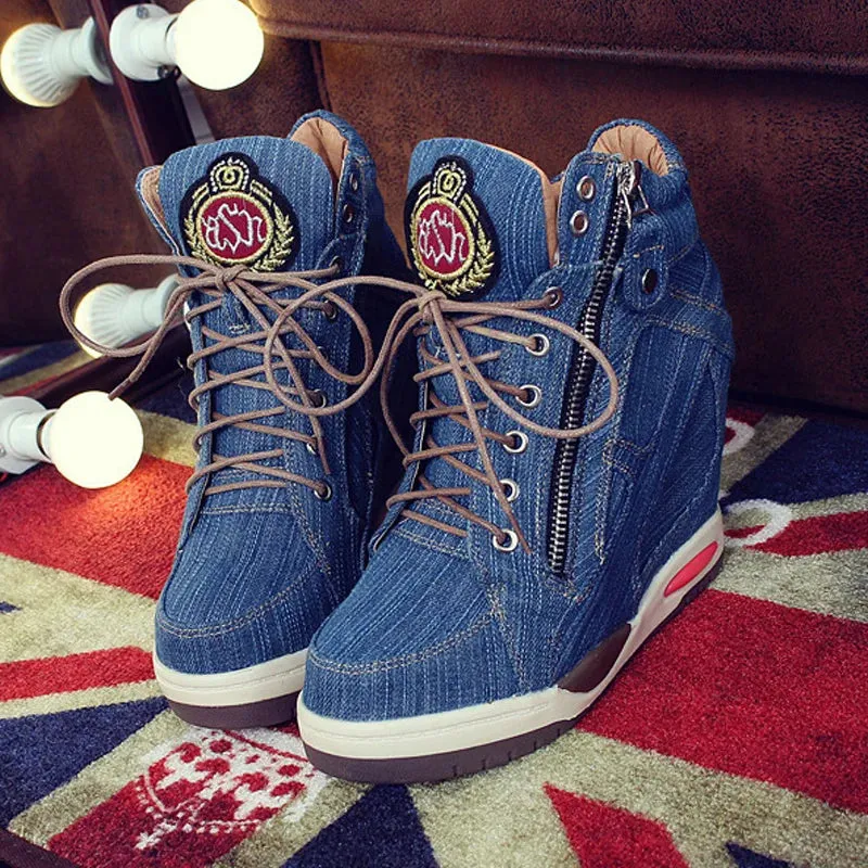 Sohiwoo New Women's Denim Wedges High Top Sneakers Platform Casual Fashion Woman Zipper Vulcanized Shoes Thick Bottom Plus Size 41