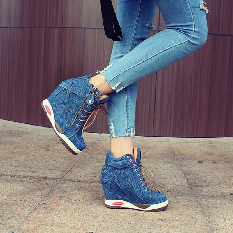 Sohiwoo New Women's Denim Wedges High Top Sneakers Platform Casual Fashion Woman Zipper Vulcanized Shoes Thick Bottom Plus Size 41