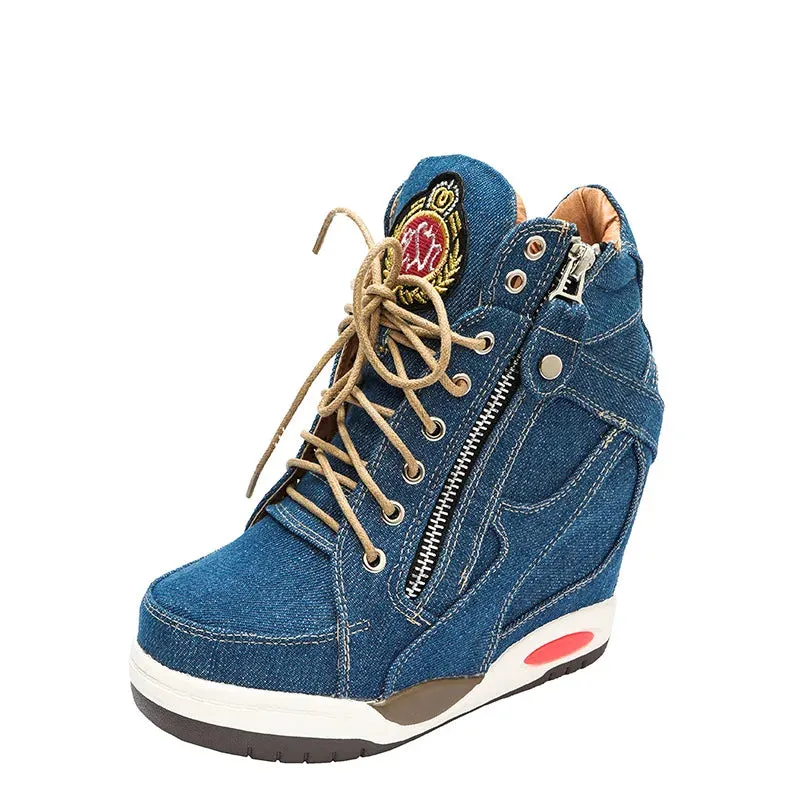 Sohiwoo New Women's Denim Wedges High Top Sneakers Platform Casual Fashion Woman Zipper Vulcanized Shoes Thick Bottom Plus Size 41