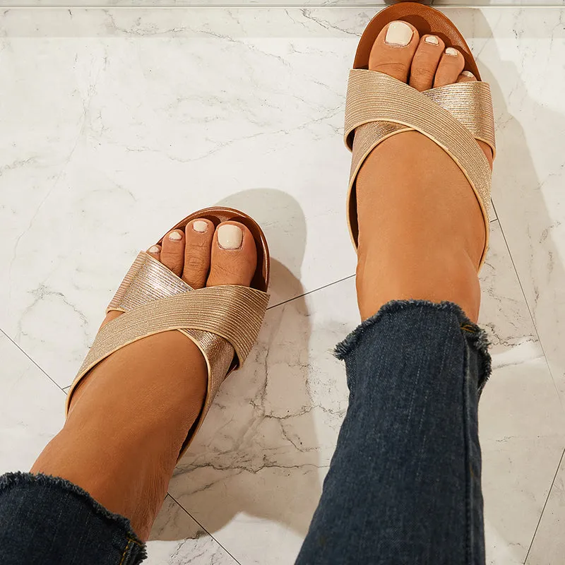 Sohiwoo  Women Criss Cross Slide Wedge Sandals Peep Toe Low Heel Slippers