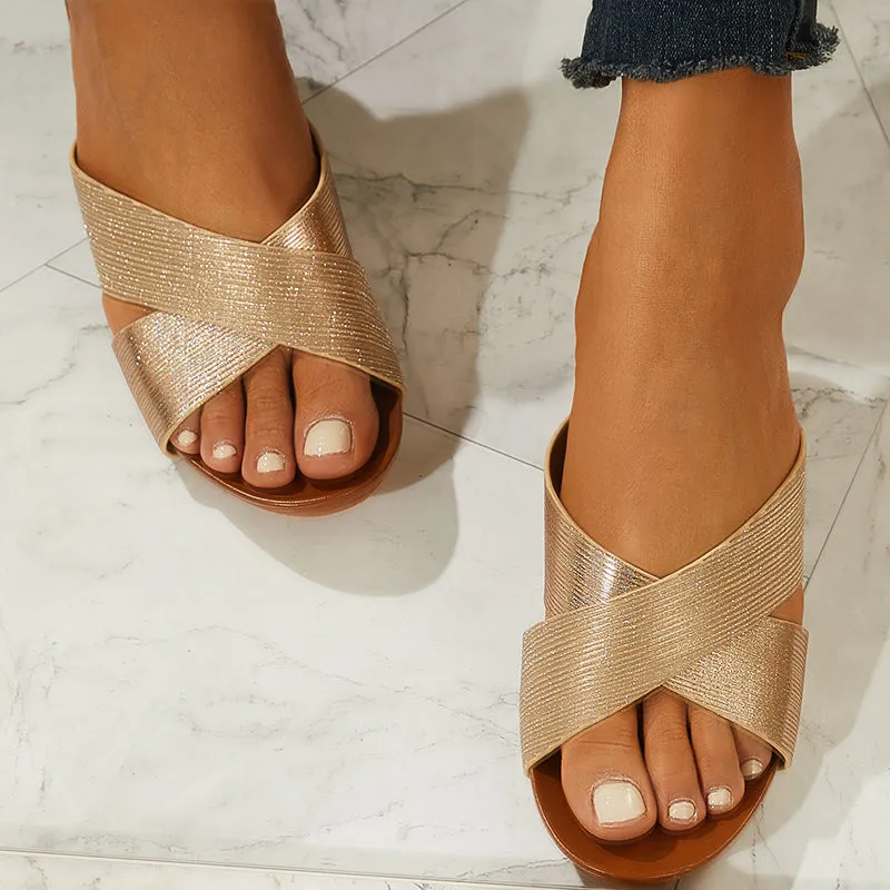 Sohiwoo  Women Criss Cross Slide Wedge Sandals Peep Toe Low Heel Slippers