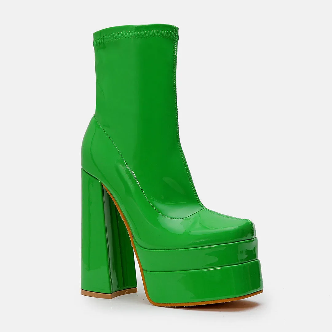 Solid Color Patent Leather Chunky High Heel Platform Ankle Boots - Green