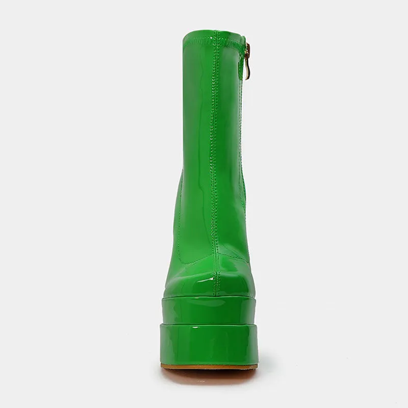 Solid Color Patent Leather Chunky High Heel Platform Ankle Boots - Green