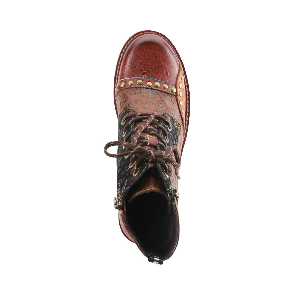 Spring Step Women's Rugup Studded Heeled Side Zip Lace Boot in Brown Multi