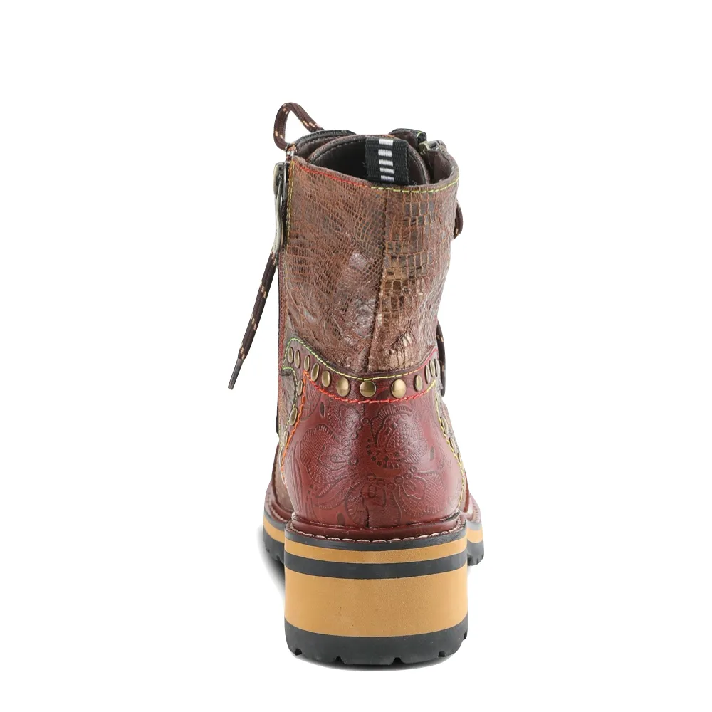 Spring Step Women's Rugup Studded Heeled Side Zip Lace Boot in Brown Multi