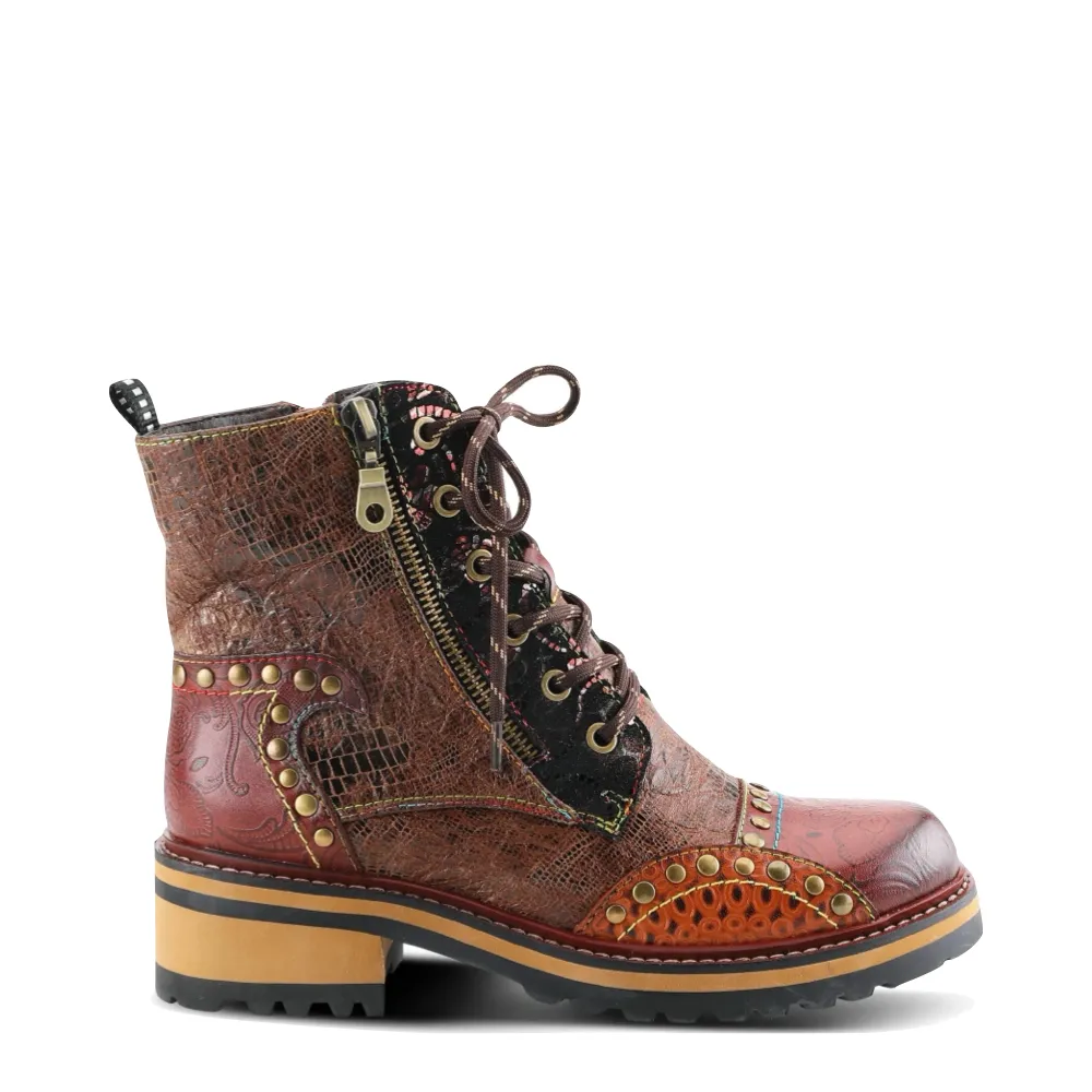 Spring Step Women's Rugup Studded Heeled Side Zip Lace Boot in Brown Multi