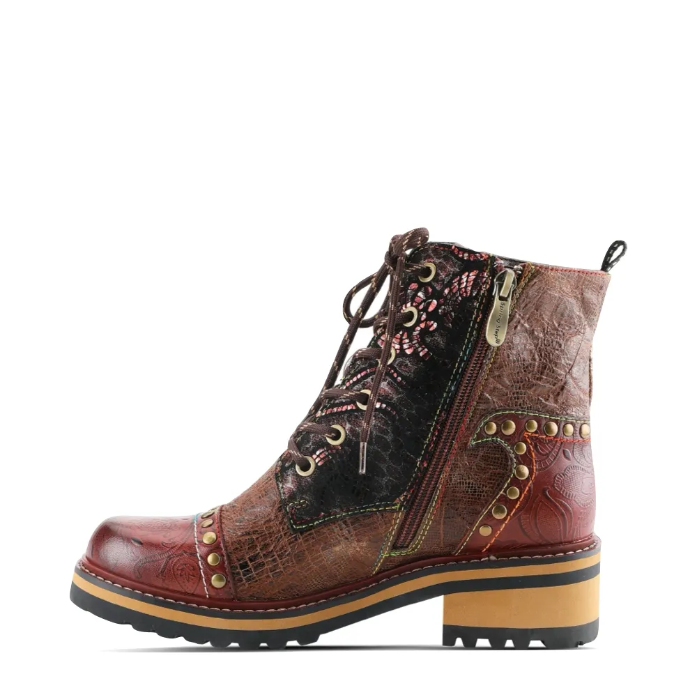 Spring Step Women's Rugup Studded Heeled Side Zip Lace Boot in Brown Multi