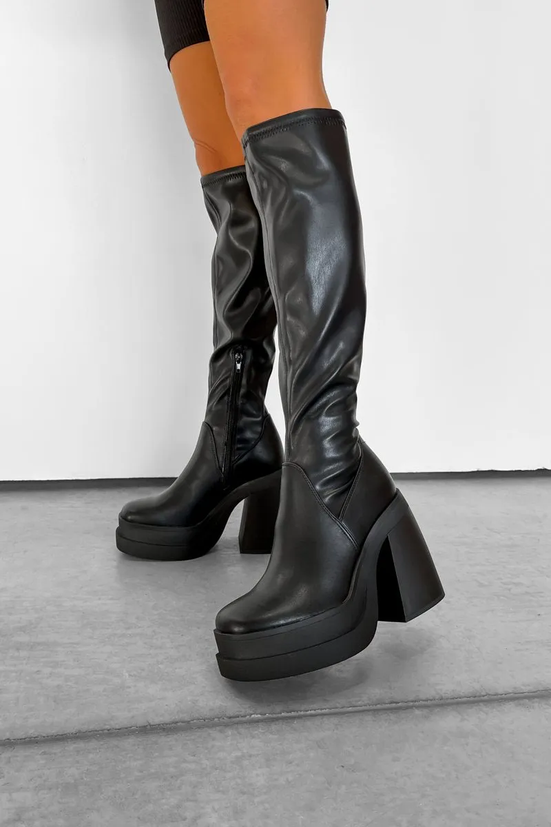 TAKE NOTE Chunky Knee High Stretch Boots - Black PU