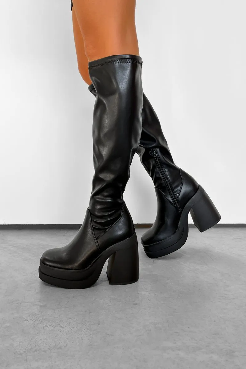 TAKE NOTE Chunky Knee High Stretch Boots - Black PU
