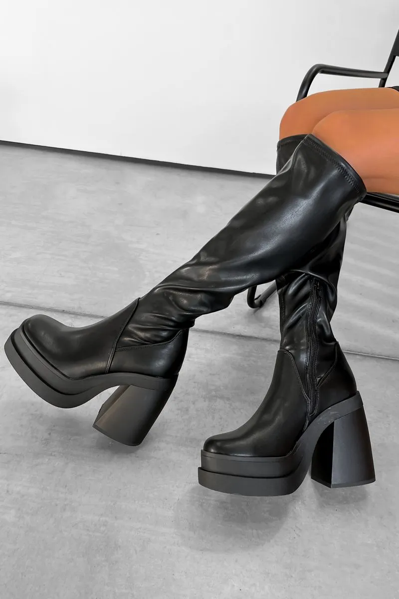 TAKE NOTE Chunky Knee High Stretch Boots - Black PU