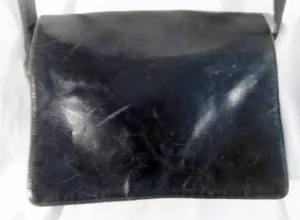 Vintage PERLINA Leather Shoulder Bag Handbag Satchel Flap Bag BLACK Crossbody