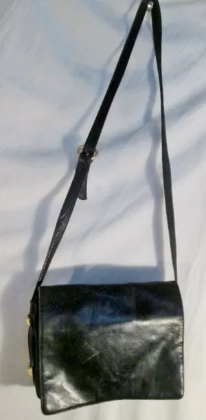 Vintage PERLINA Leather Shoulder Bag Handbag Satchel Flap Bag BLACK Crossbody